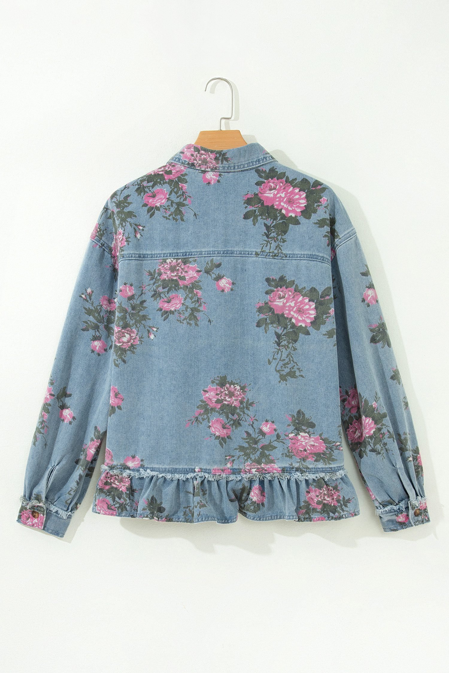 Sky Blue Floral Print Raw Seam Ruffle Hem Denim Jacket