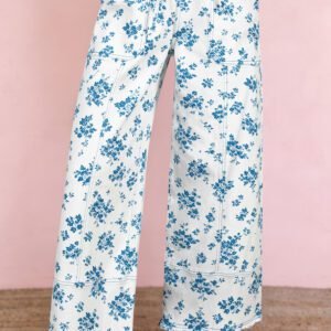 Sky Blue Floral Print Tie Waist Straight Leg Jeans