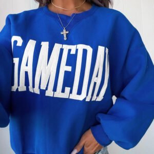 Sky Blue GAMEDAY Embroidered Patch Pattern Casual Shift Sweatshirt