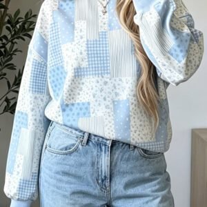 Sky Blue Patchwork Floral Print Mock Neck Long Sleeve Sweatshirt