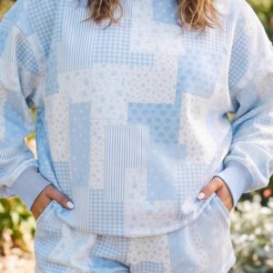 Sky Blue Patchwork Floral Print Stand Neck Long Sleeve Two-piece Outfit Plus Size Set
