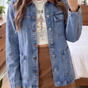 Sky Blue Patchwork Leather Collar Long Sleeve Denim Jacket