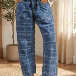 Sky Blue Plaid Denim Grommet Drawstring Waist Ankle-Length Jeans