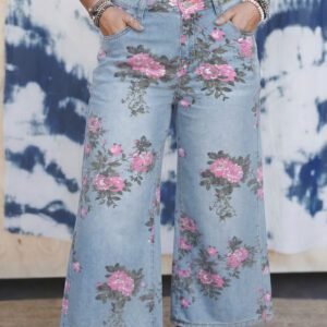 Sky Blue Plus Size Floral Print Ankle Length Loose Jeans