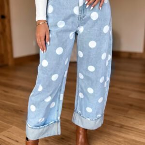 Sky Blue Polka Dot Ankle-Length Metal Button Casual Jeans