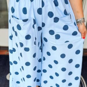 Sky Blue Polka Dot Elastic Waist Wide Leg Plus Size Pants