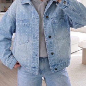 Sky Blue Polka Dot Long Sleeve Collar Pocket Casual Shift Silhouette Denim Jacket