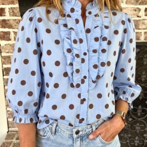 Sky Blue Polka Dot Print Ruffle Stand Neck 3/4 Sleeve Shift Shirt