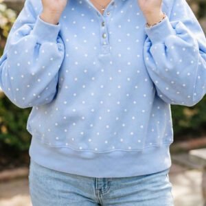 Sky Blue Polka Dot V Neck Metal Button Long Sleeve Shift Plus Size Sweatshirt