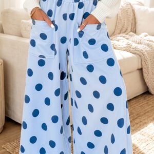 Sky Blue Polka Dot Wide Leg Elastic Waist Casual Pants