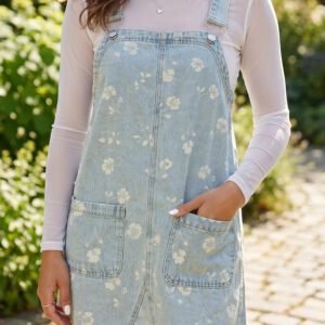 Sky Blue Retro Wash Denim Floral Print Overall Mini Dress