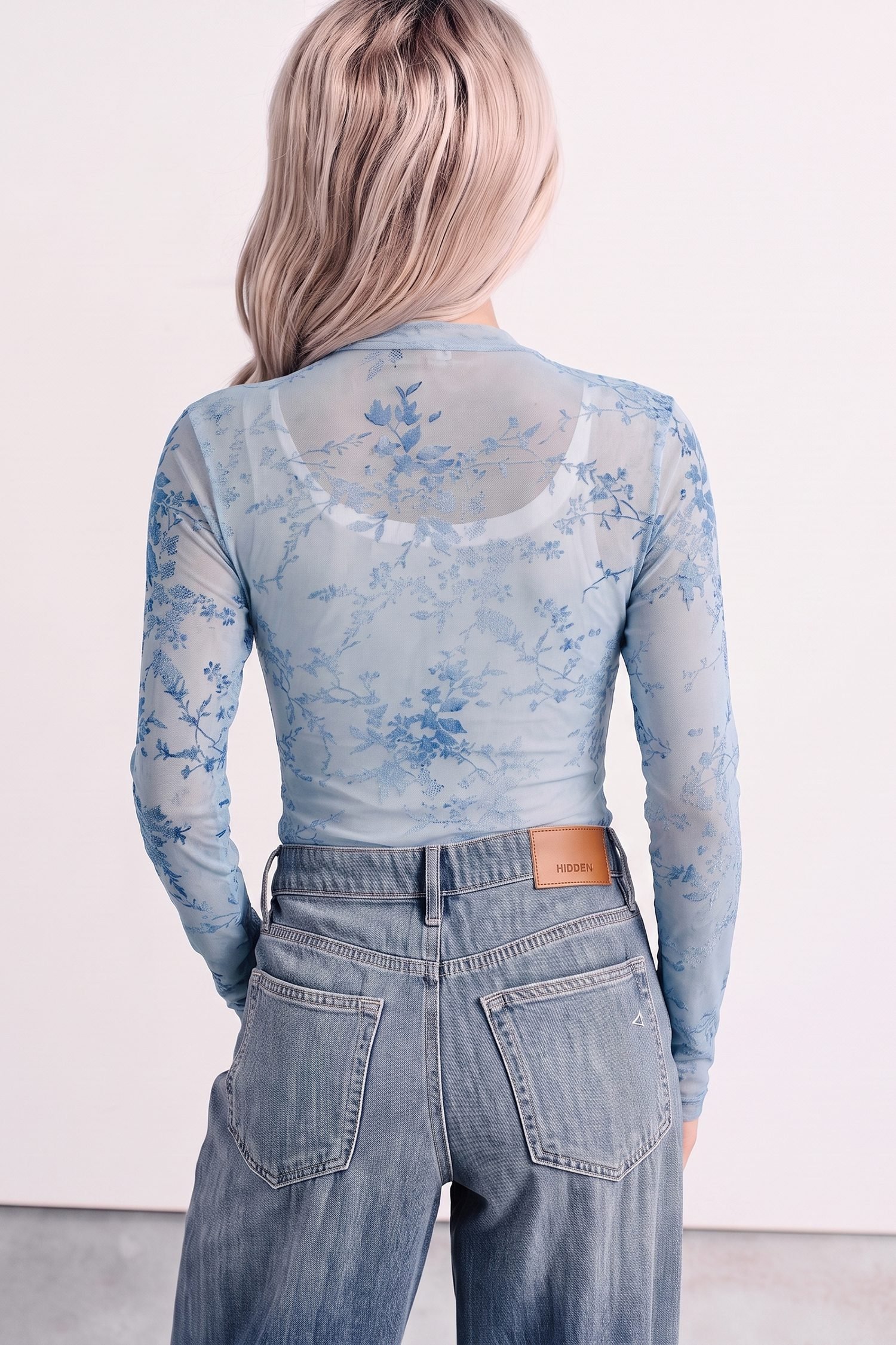 Sky Blue Sheer Mesh Floral Printed Mock Neck Long Sleeve Bodysuit