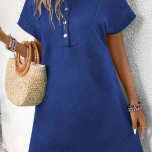 Sky Blue Solid Color Textured Short Sleeve A Line Mini Dress