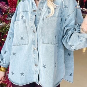 Sky Blue Stars Pattern Long Sleeve Shirt Collar Denim Jacket