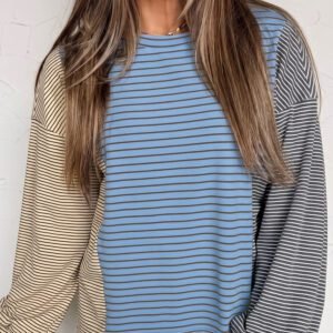 Sky Blue Stripe Color Block Contrast Long Sleeve Round Neck Casual Shift Pullover