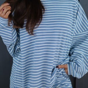 Sky Blue Stripe Long Sleeve Oversized Top Pocketed Casual Shorts Two Piece Set