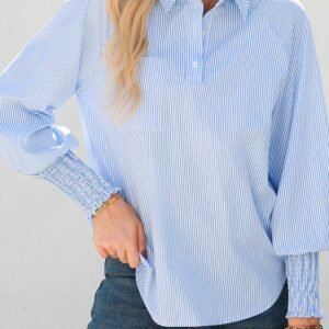 Sky Blue Stripe Pinstripe Long Sleeve Smocked Cuffs Button Shirt Collar Blouse