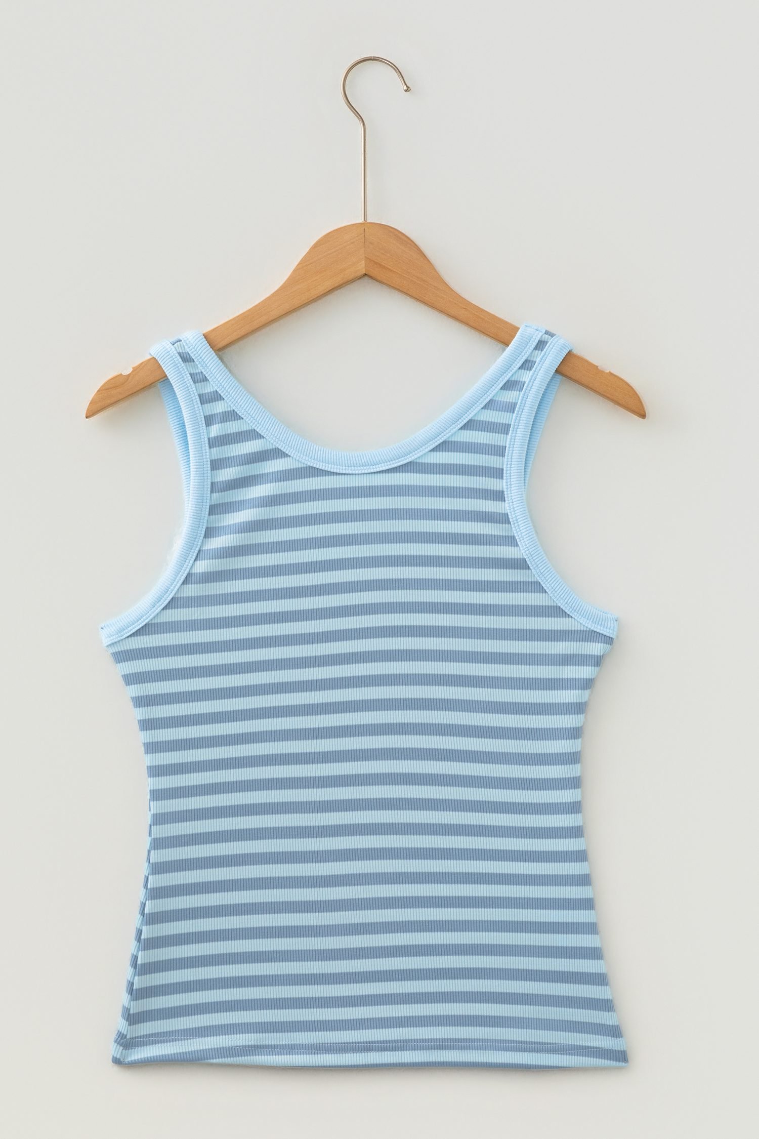 Sky Blue Stripe Ribbed Knit Slim Tank Top