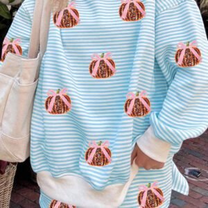Sky Blue Stripe Sequined Pumpkin Baggy Pullover Casual Shorts Two-Piece Set