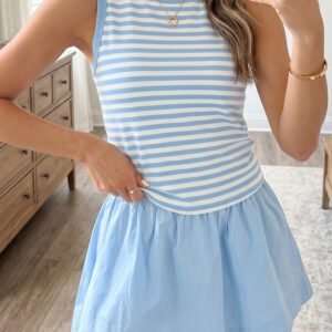 Sky Blue Stripe Slim Tank Contrast Ruffle Mini Skort Set