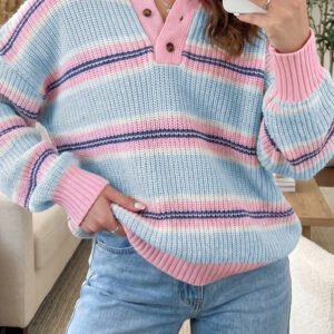 Sky Blue Stripe Striped Button Collar Long Sleeve Shift Fit Winter Knitwear Sweater