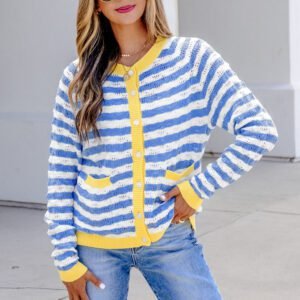 Sky Blue Stripe Striped Colorblock Button Front Long Sleeve Loose Fit Knit Cardigan