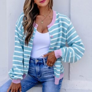 Sky Blue Stripe Striped Long Sleeve Round Neck Open Front Cardigan