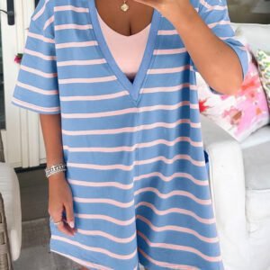 Sky Blue Stripe V Neck Short Sleeve Double Wear Loose Romper