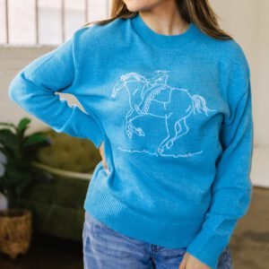 Sky Blue Western Embroidery Drop Shoulder Pullover Sweater