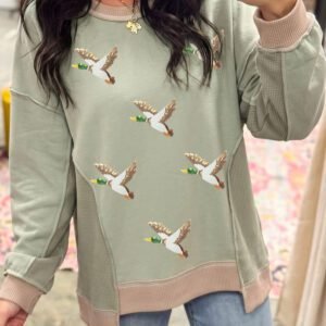 Smoke Green Sequined Mallard Duck Print Waffle Patchwork Graphic Sweatshirt