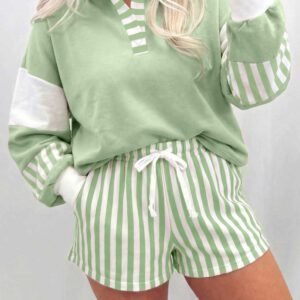 Smoke Green Striped Color Block Pullover Top Drawstring Shorts Set