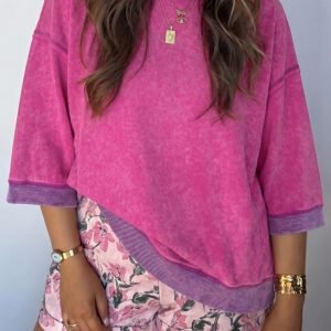 Strawberry Pink Mineral Wash Color Block Trim Bracelet Sleeve Pullover Top