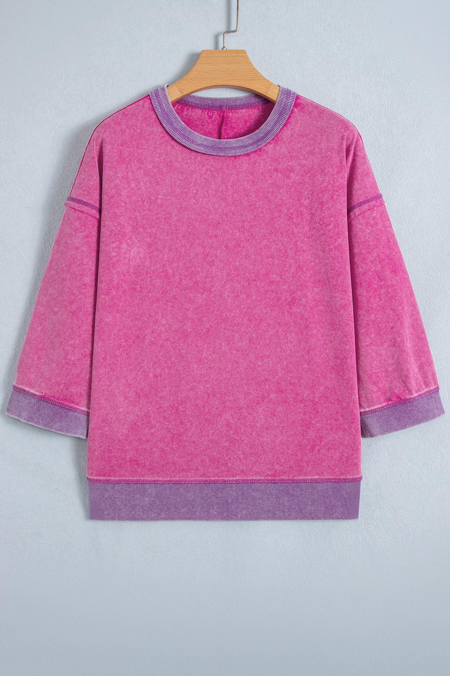 Strawberry Pink Mineral Wash Color Block Trim Bracelet Sleeve Pullover Top
