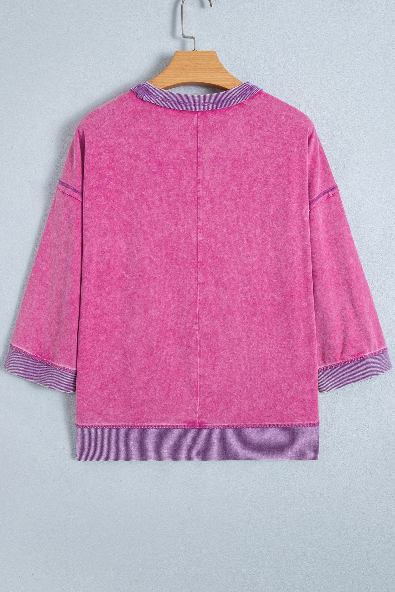 Strawberry Pink Mineral Wash Color Block Trim Bracelet Sleeve Pullover Top