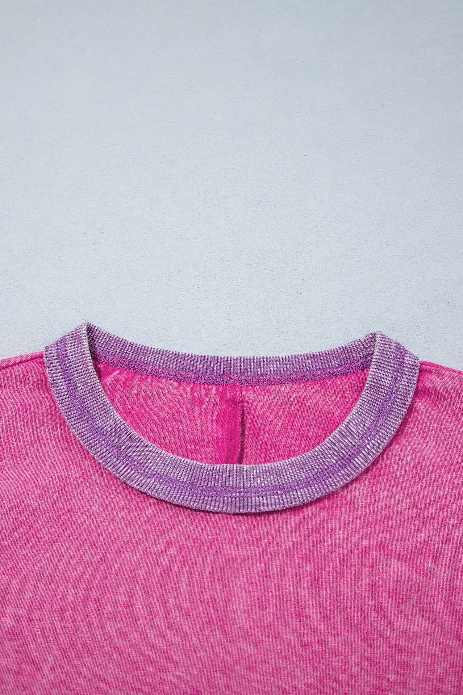 Strawberry Pink Mineral Wash Color Block Trim Bracelet Sleeve Pullover Top