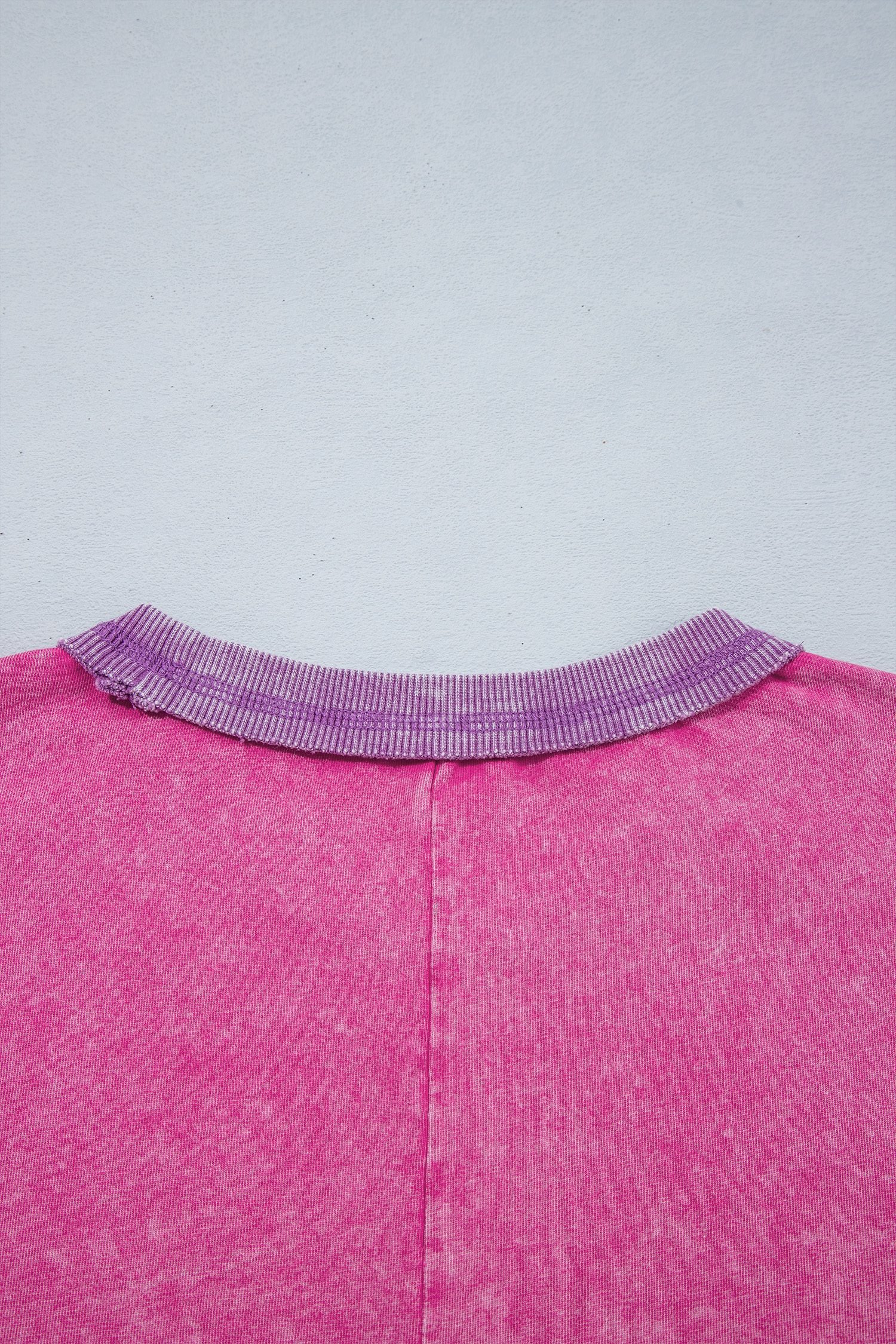 Strawberry Pink Mineral Wash Color Block Trim Bracelet Sleeve Pullover Top