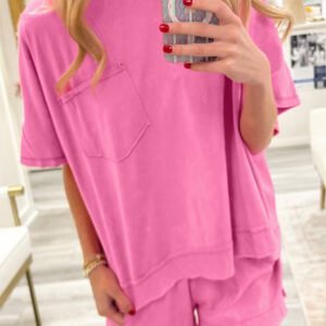 Strawberry Pink Raw Edge Patch Pocket Oversized Top and Shorts Set