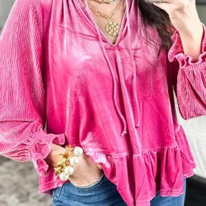 Strawberry Pink V Neck Velvet Ruffled Cuffs Hem Long Sleeve Top