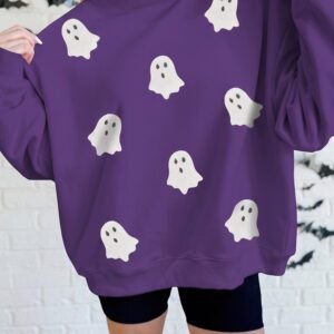 Tillandsia Purple Halloween Sequined Ghost Print Mock Neck Graphic Sweatshirt