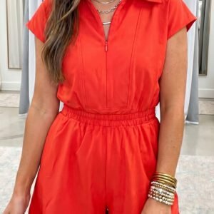 Tomato Red Half Zip Polo Tee Elastic Waist Romper