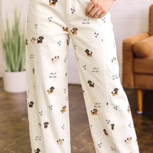 White Abstract Dog Print Wide Leg Full-Length Jeans