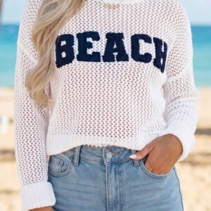 White Chenille BEACH Lettering Hollow Out Knit Casual Sweater