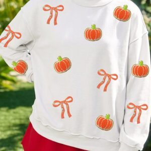 White Chenille Pumpkin Sequin Bow Graphic Exposed Seam Mock Neck Sweatshirt