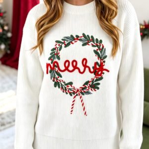 White Christmas Wreath Pattern Round Neck Casual Sweater