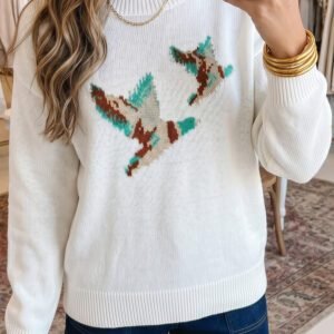White Drop Shoulder Round Neck Long Sleeve Pullover Sweater