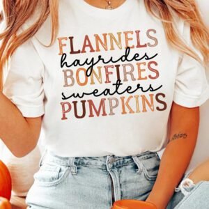 White FLANNELS BONFIRES PUMPKIN Letter Print Thanksgiving T-Shirt