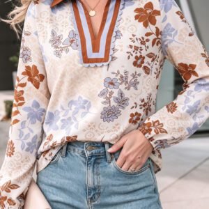 White Floral Print Colorblock V Neck Long Sleeve Blouse