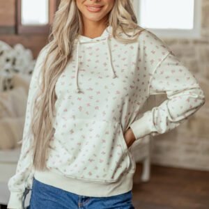 White Floral Print Ribbing Drawstring Hem Long Sleeve Hoodie