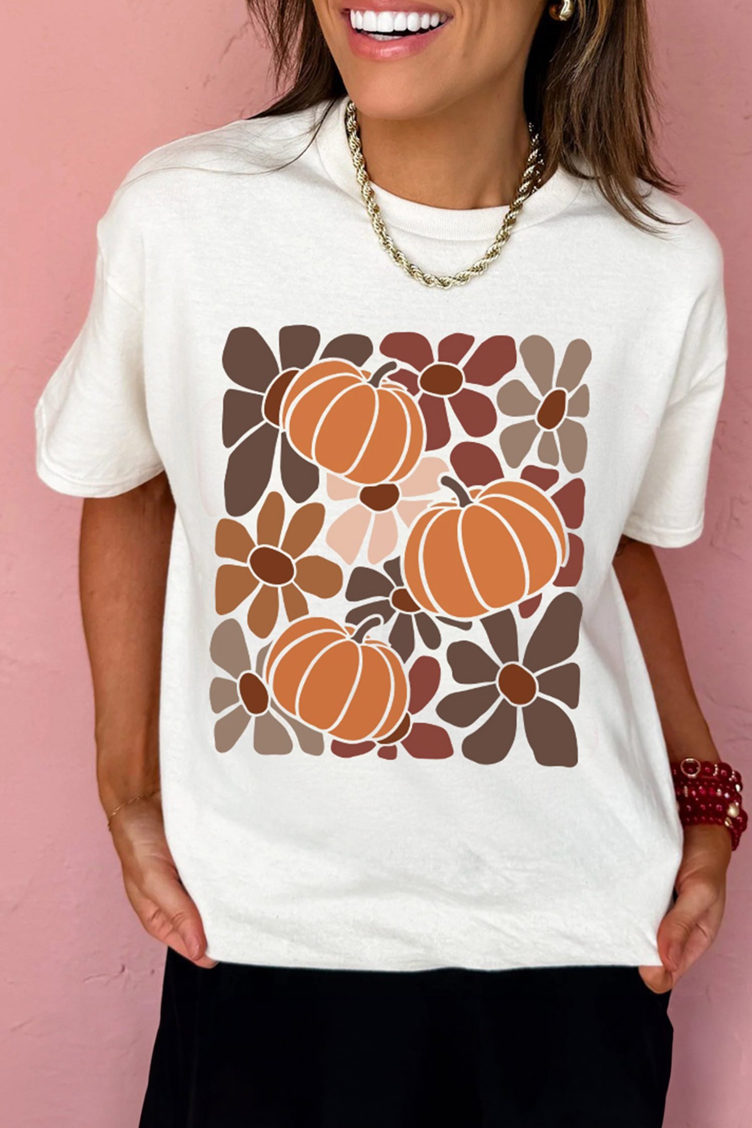 White Floral Pumpkin Print Thanksgiving Casual T-Shirt