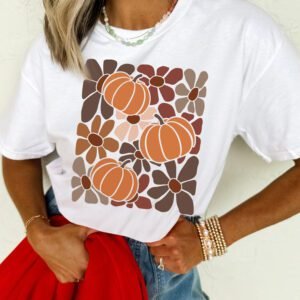 White Floral Pumpkin Print Thanksgiving Casual T-Shirt